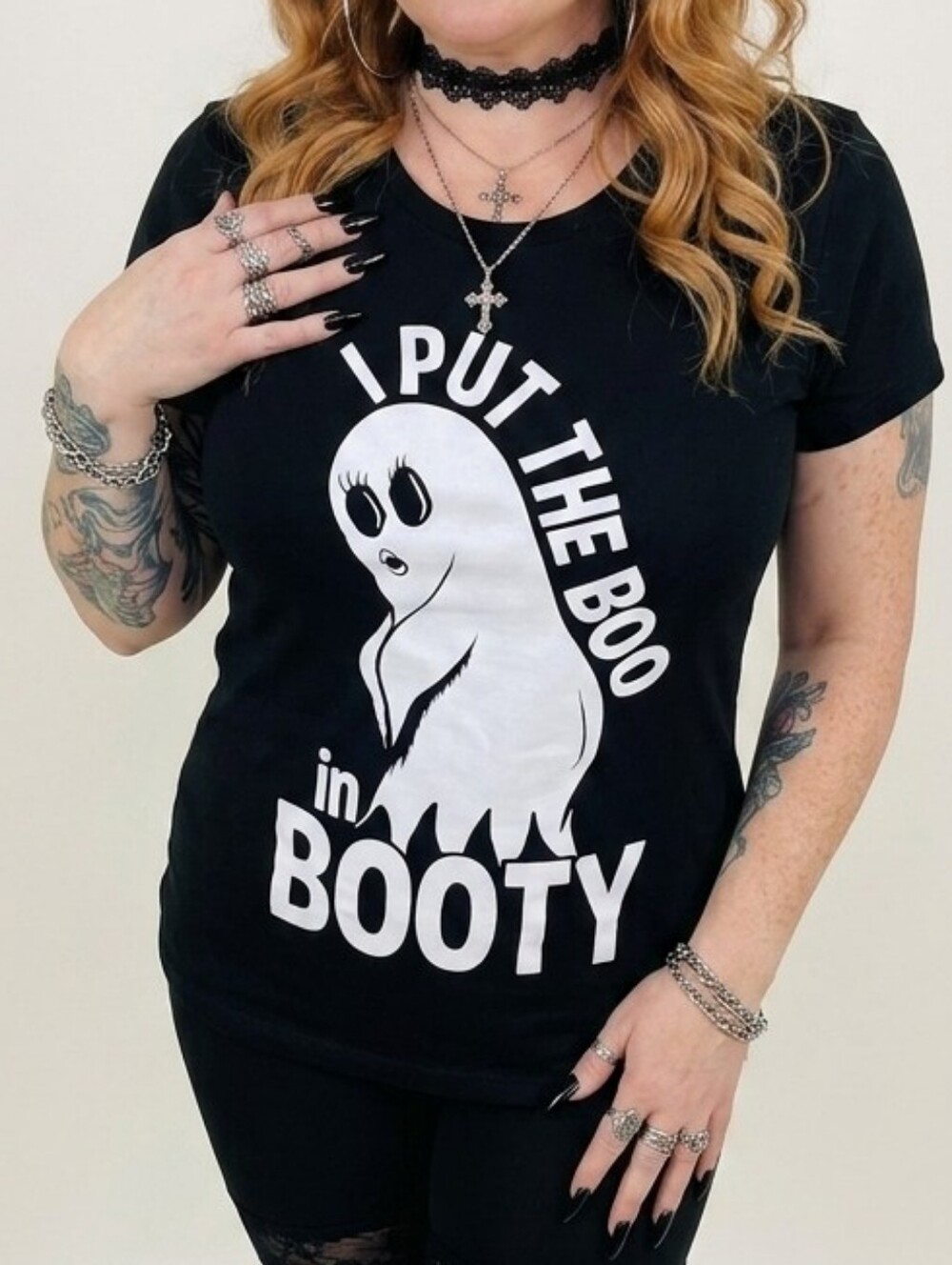 Graphic T-Shirt I PUT THE BOO IN BOOTY Retro Ghost w/long Eyelashes, Cheeky